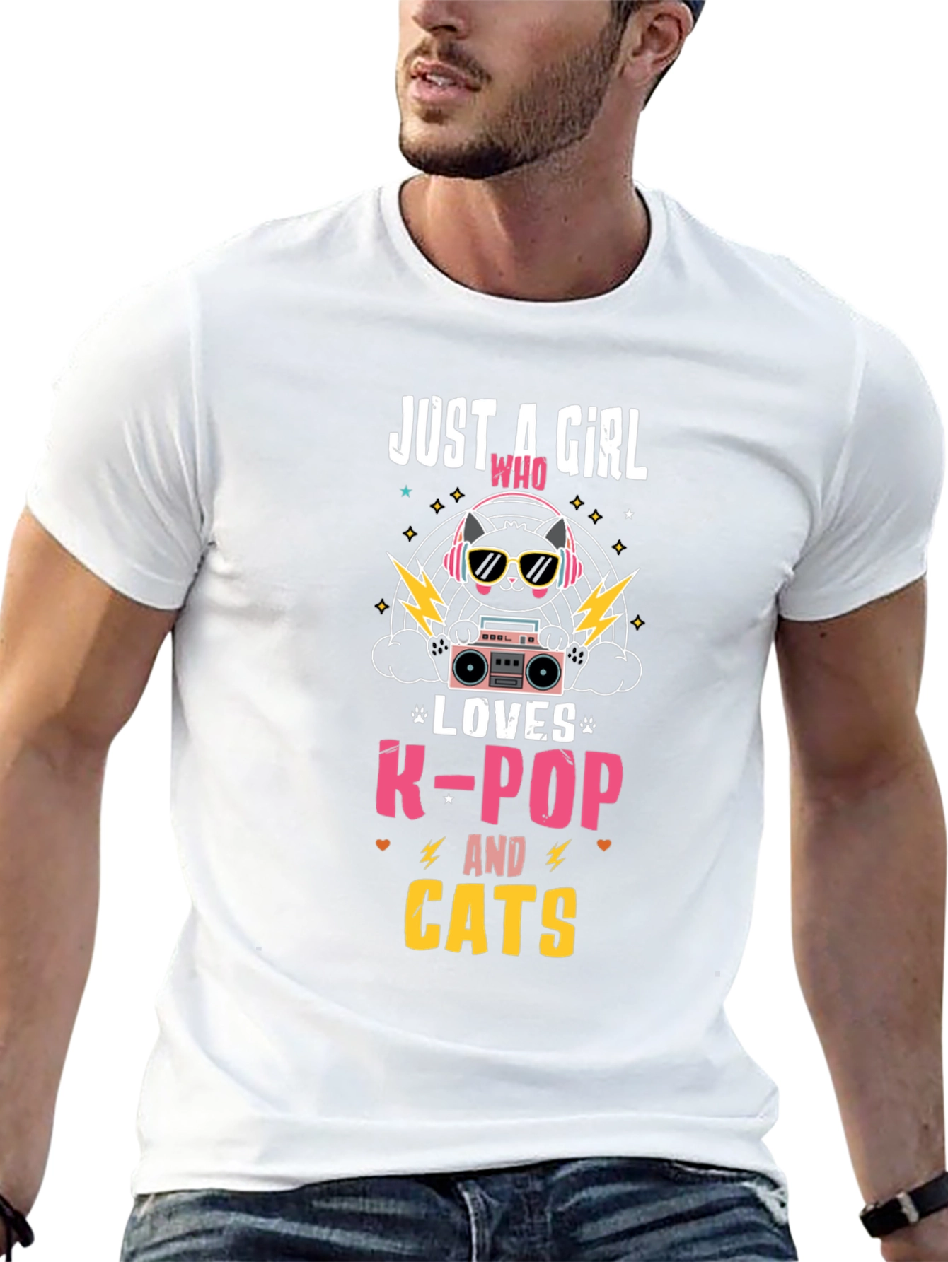 Camiseta Negra con Diseño de Gato K-Pop