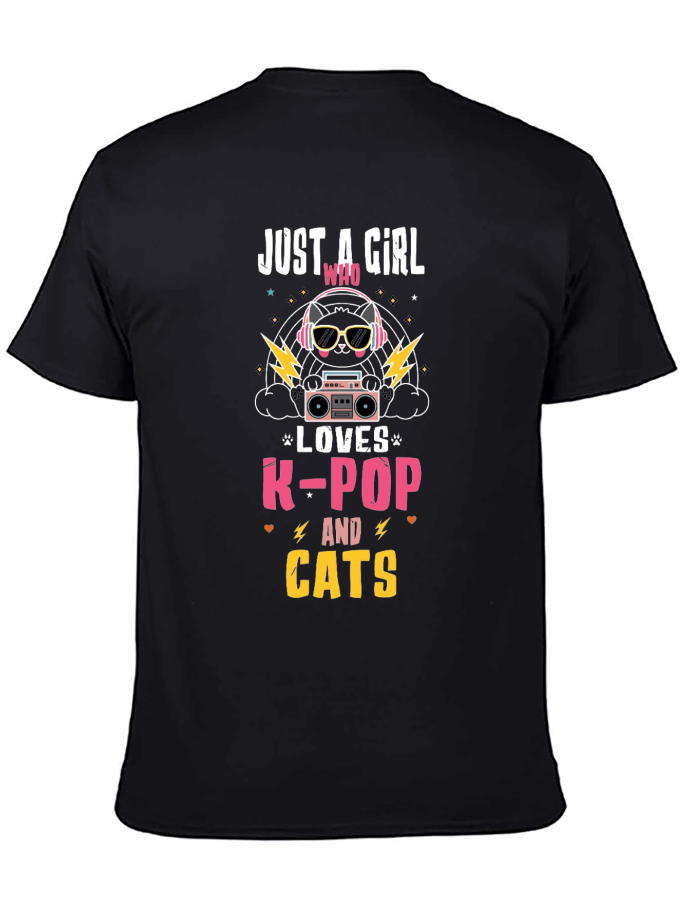 Camiseta Negra con Diseño de Gato K-Pop