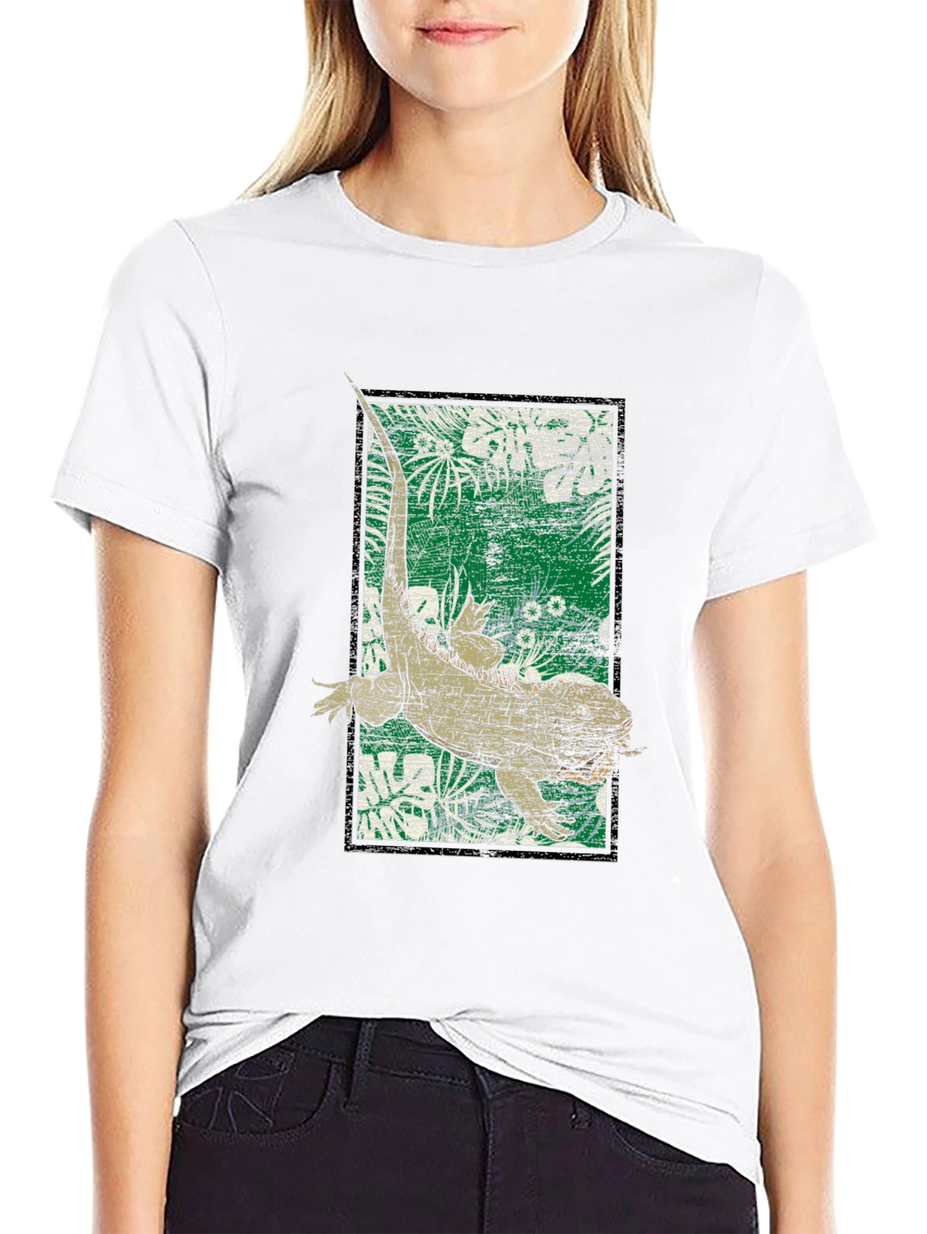 Camiseta Negra con Diseño de Iguana Tropical