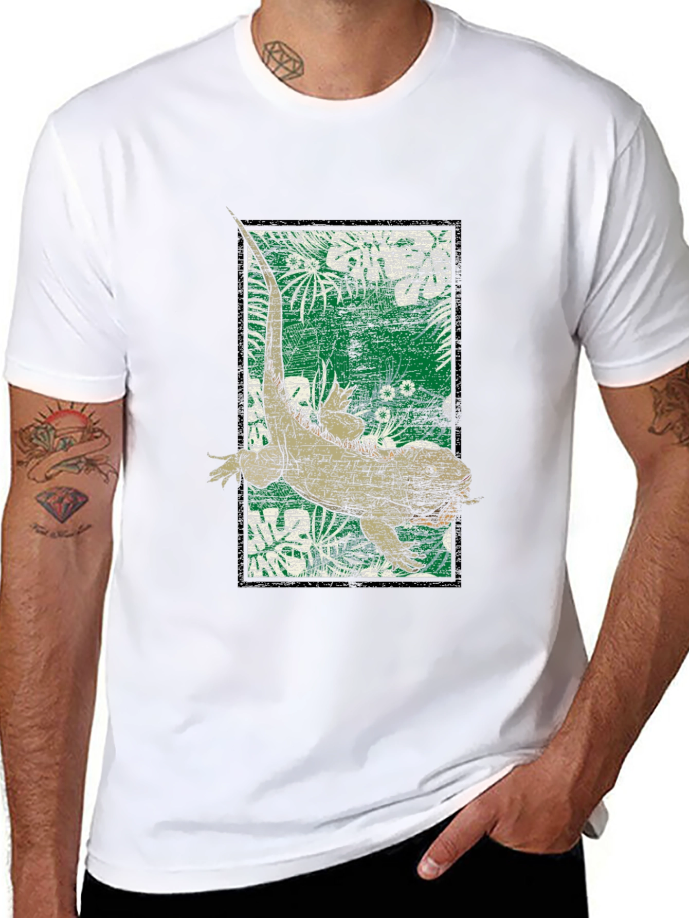 Camiseta Negra con Diseño de Iguana Tropical