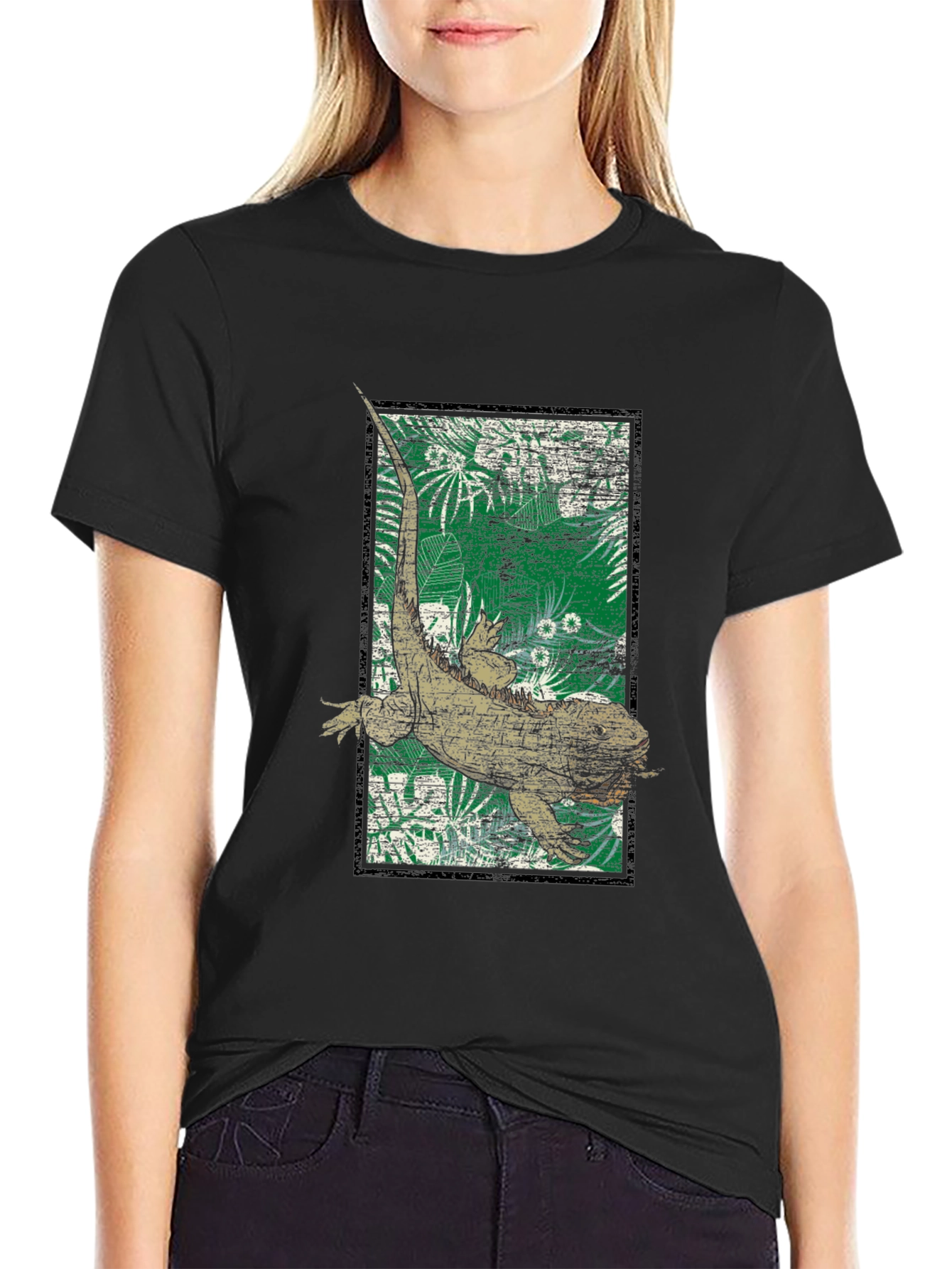 Camiseta Negra con Diseño de Iguana Tropical