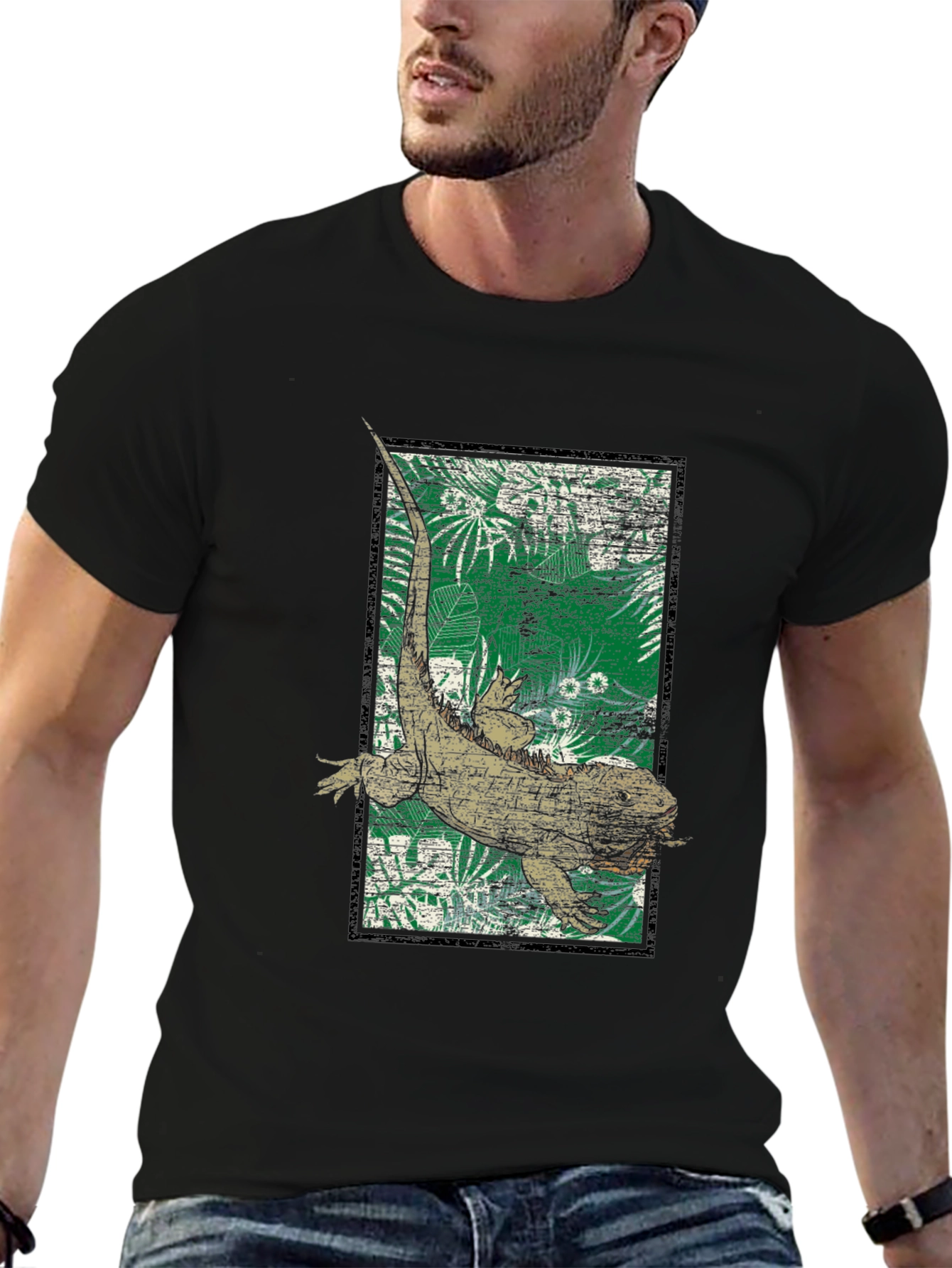 Camiseta Negra con Diseño de Iguana Tropical