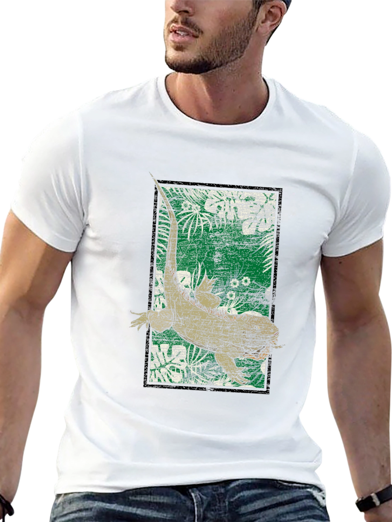 Camiseta Negra con Diseño de Iguana Tropical