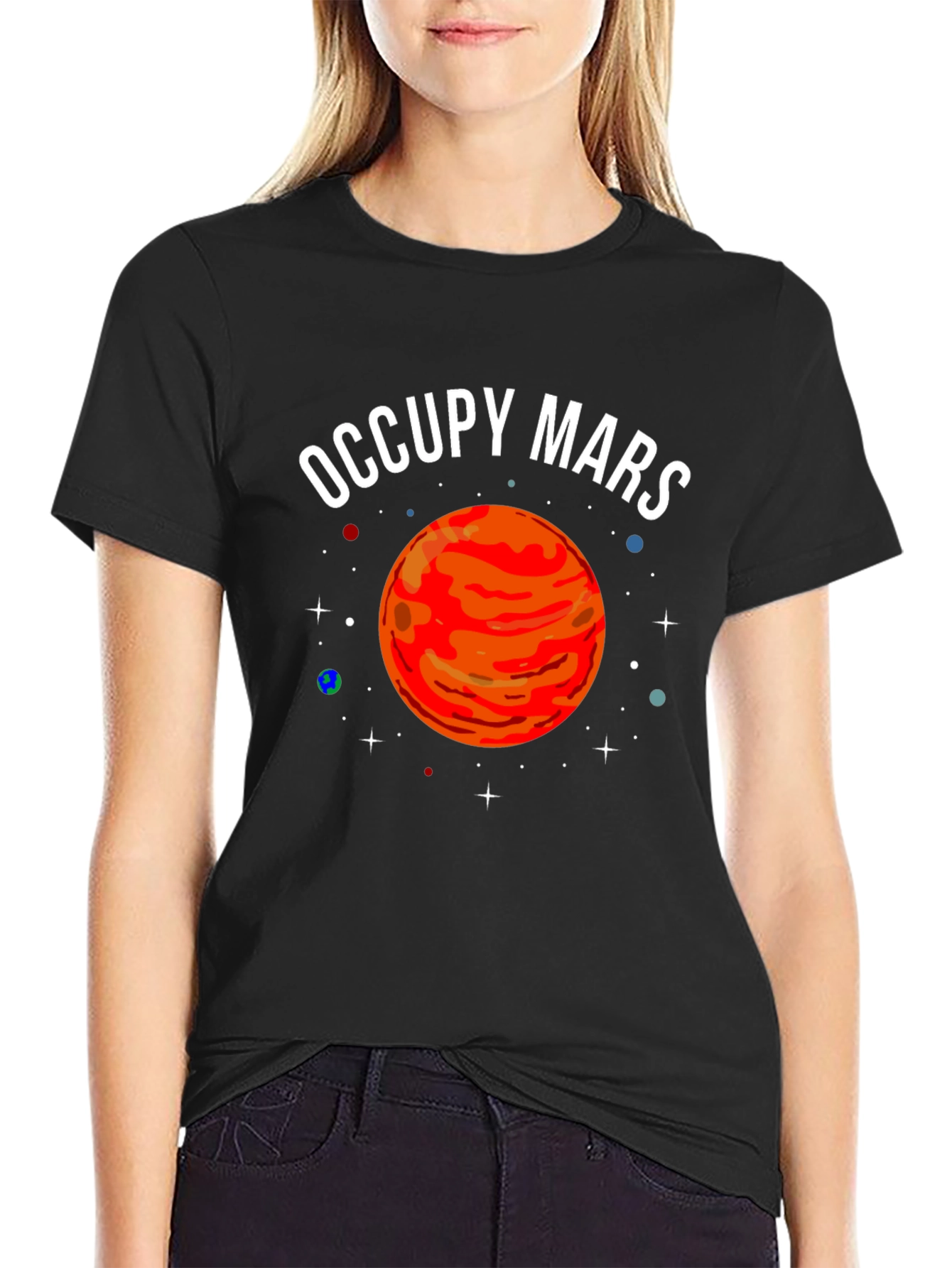 Camiseta Negra Occupy Mars con Diseño Planetario
