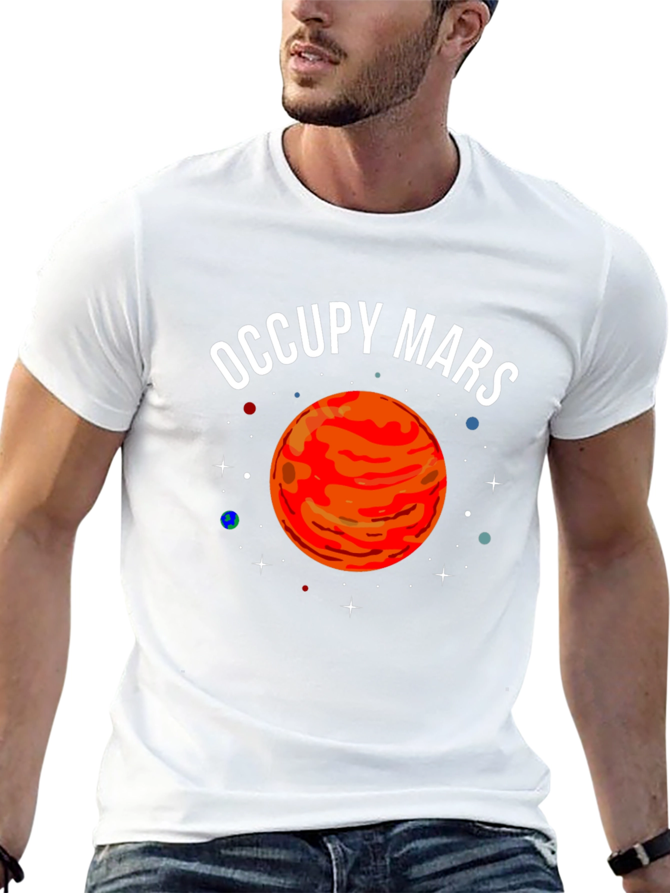 Camiseta Negra Occupy Mars con Diseño Planetario