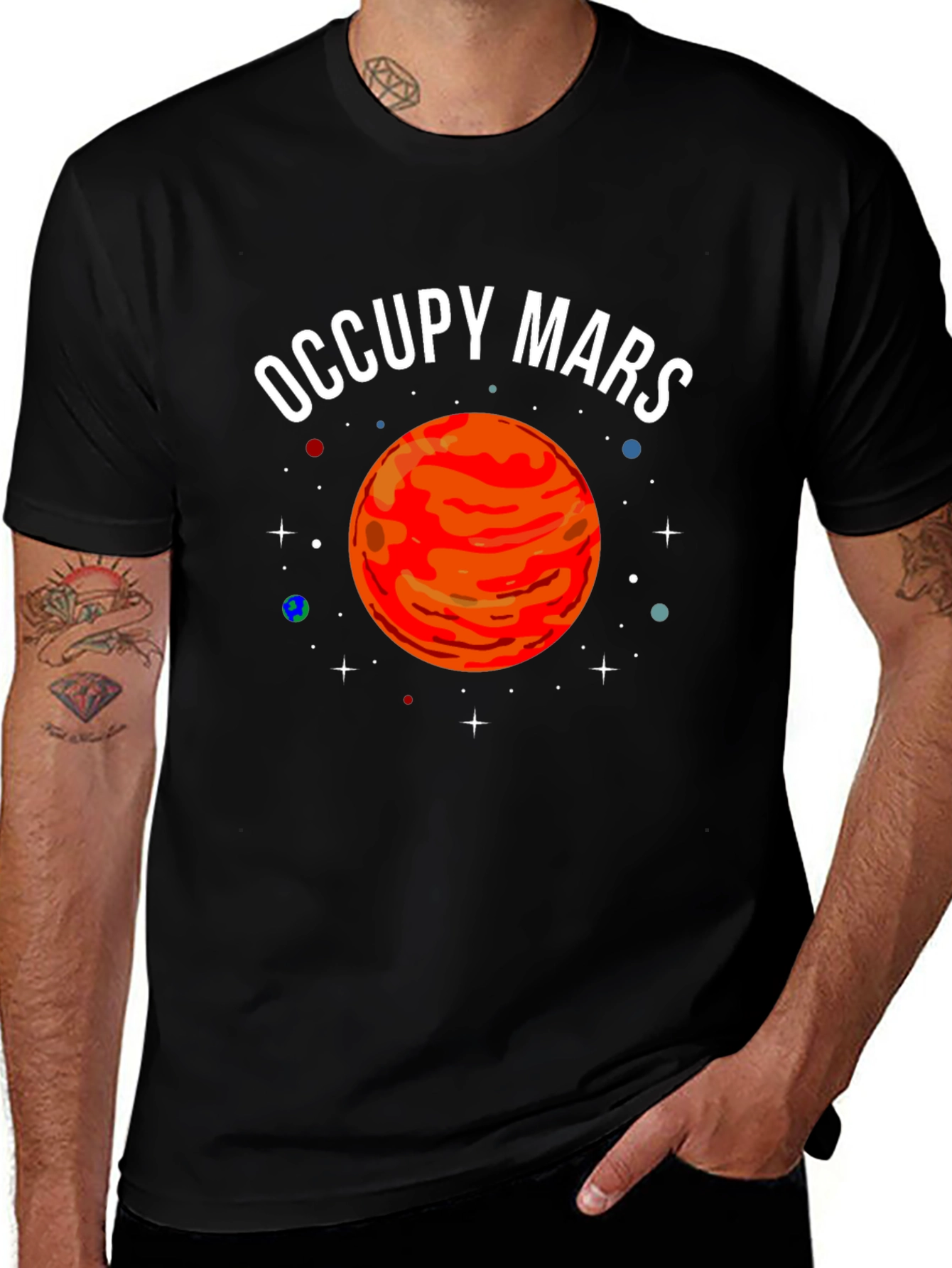 Camiseta Negra Occupy Mars con Diseño Planetario