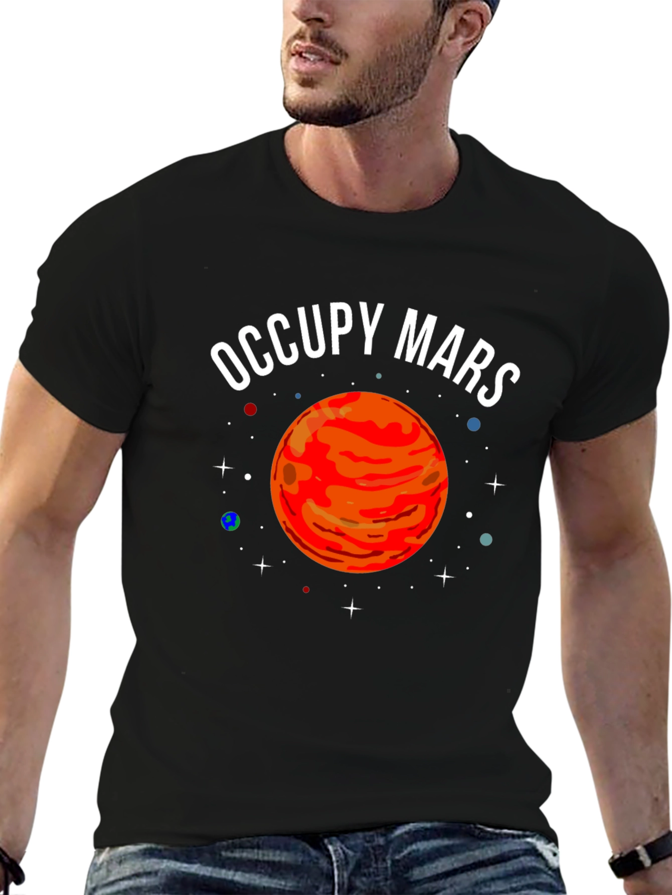 Camiseta Negra Occupy Mars con Diseño Planetario
