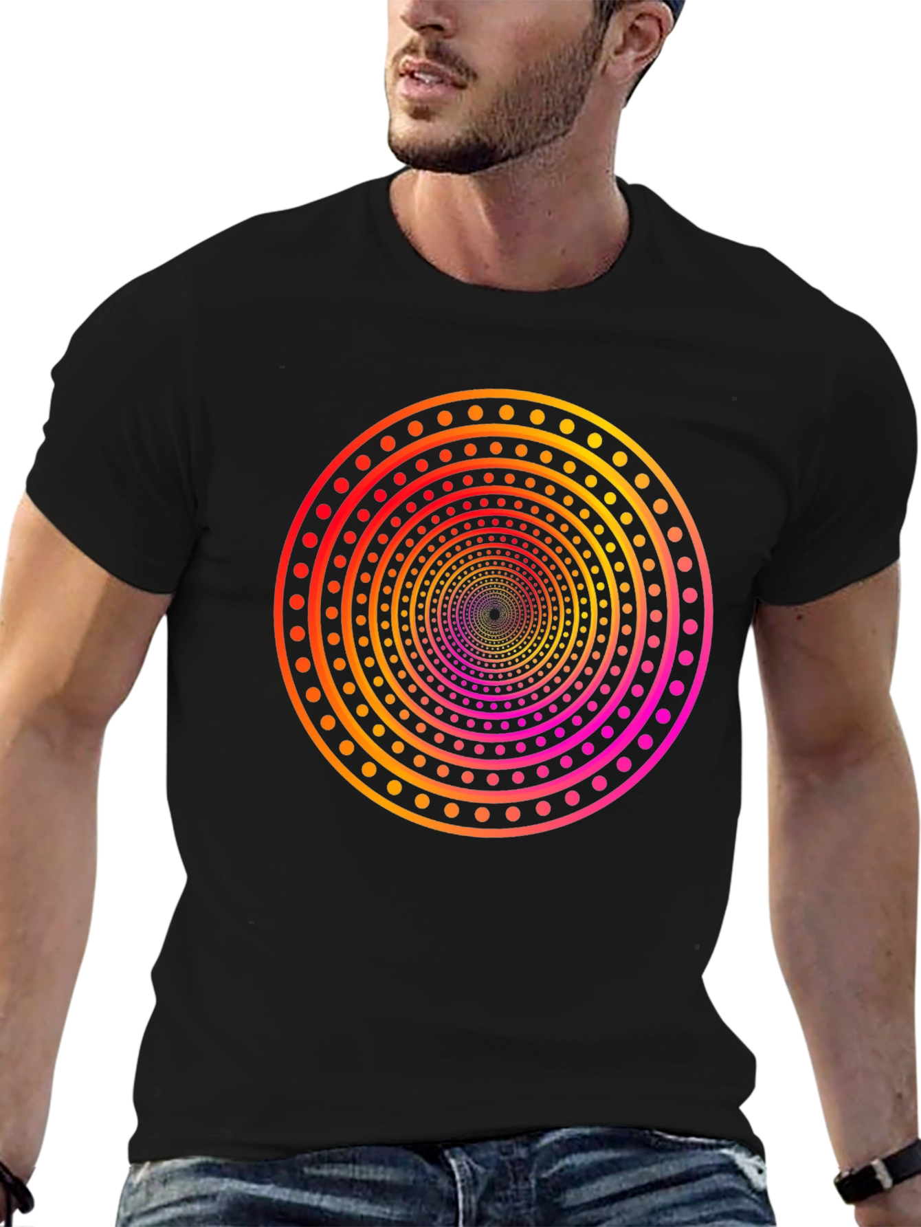Camiseta Negra con Diseño Circular Psicodélico