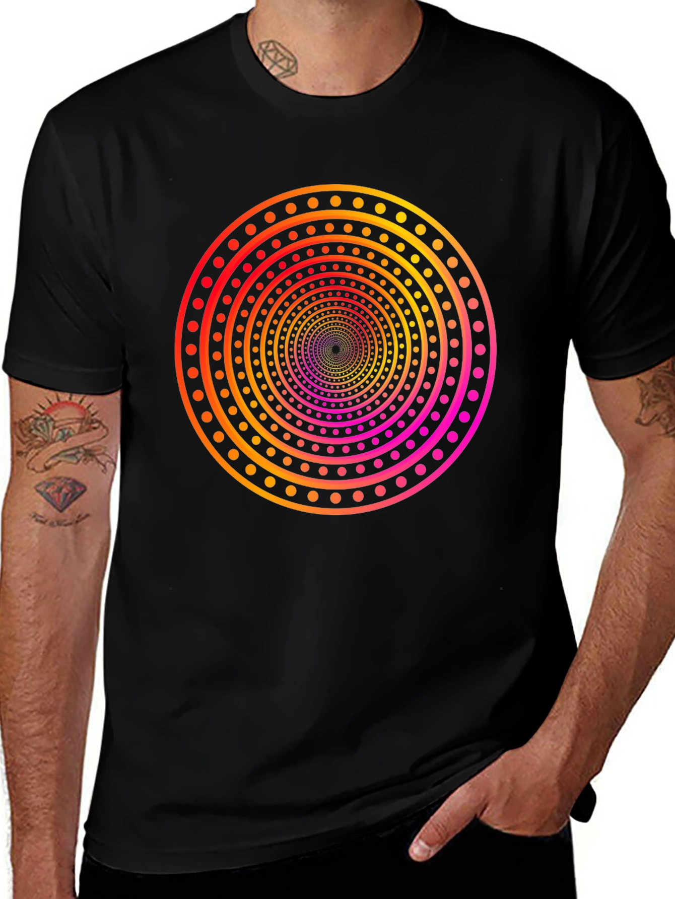 Camiseta Negra con Diseño Circular Psicodélico