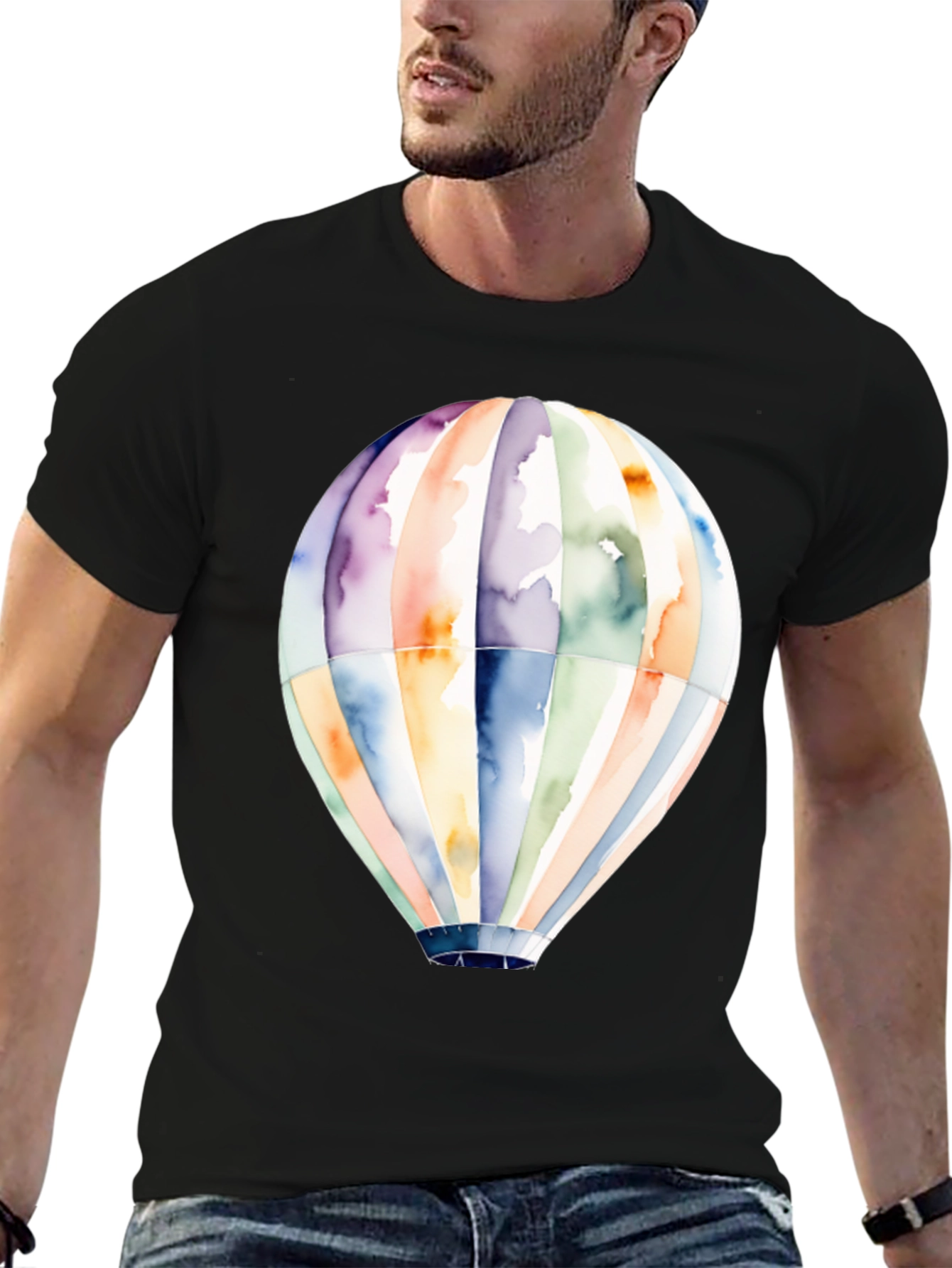 Camiseta Negra Globo Aerostático Acuarela