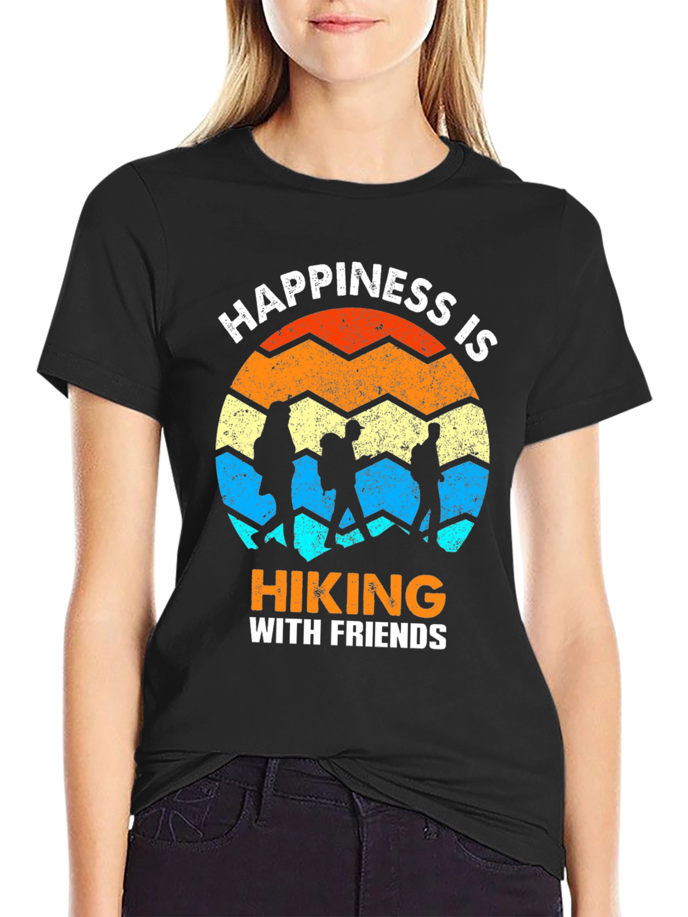 Camiseta Negra Happiness is Hiking with Friends
