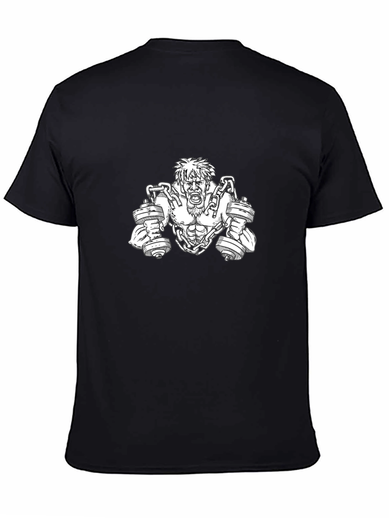 Camiseta Negra con Diseño de Hombre Musculoso y Pesas
