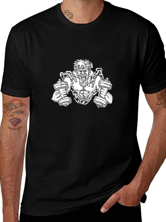 Camiseta Negra con Diseño de Hombre Musculoso y Pesas