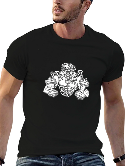 Camiseta Negra con Diseño de Hombre Musculoso y Pesas