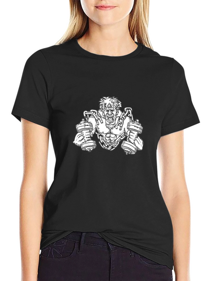 Camiseta Negra con Diseño de Hombre Musculoso y Pesas