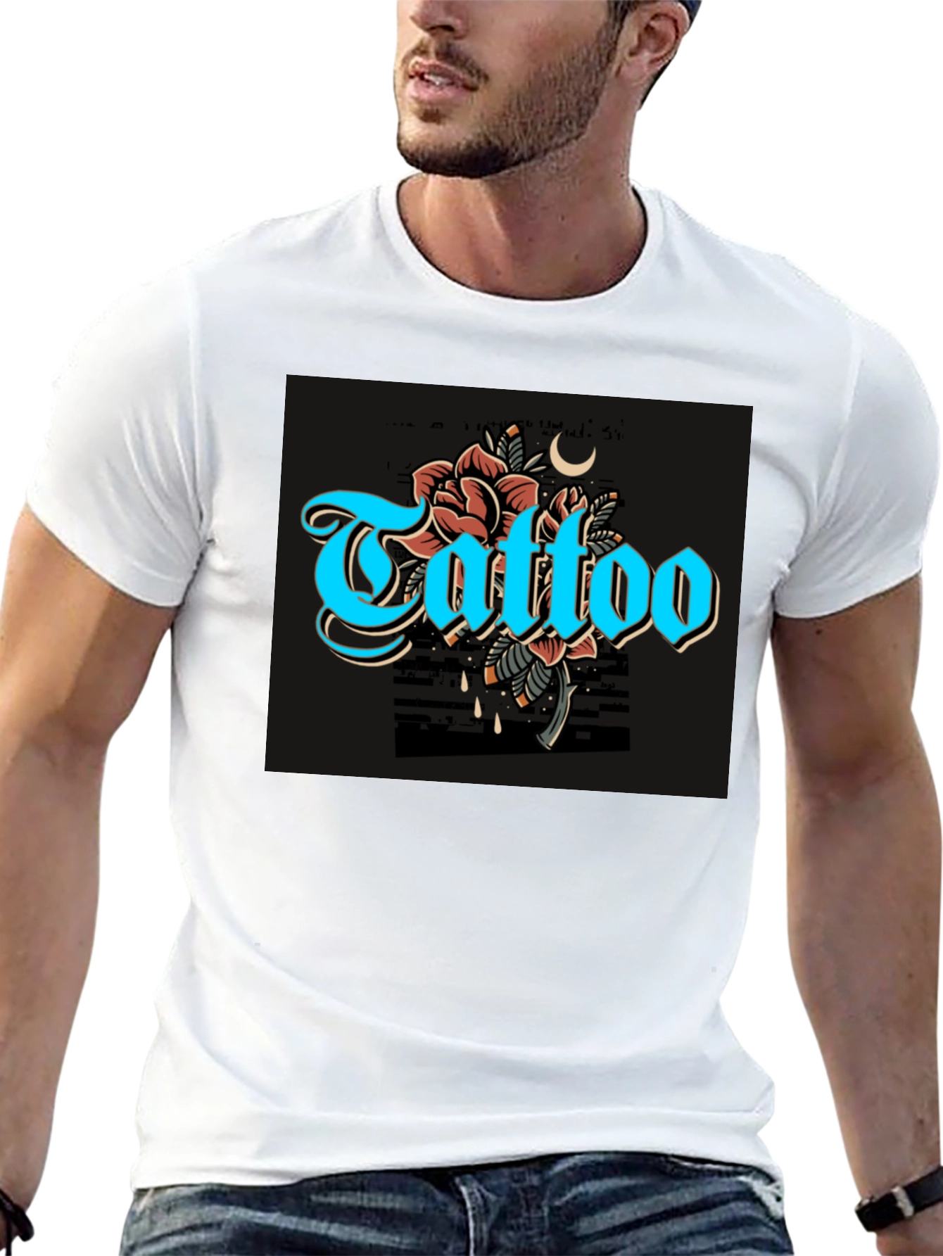 Camiseta Negra con Diseño de Tatuaje Floral