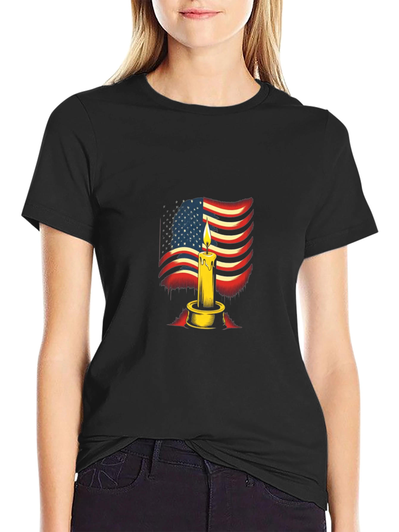 Camiseta Negra con Diseño de Vela y Bandera Americana