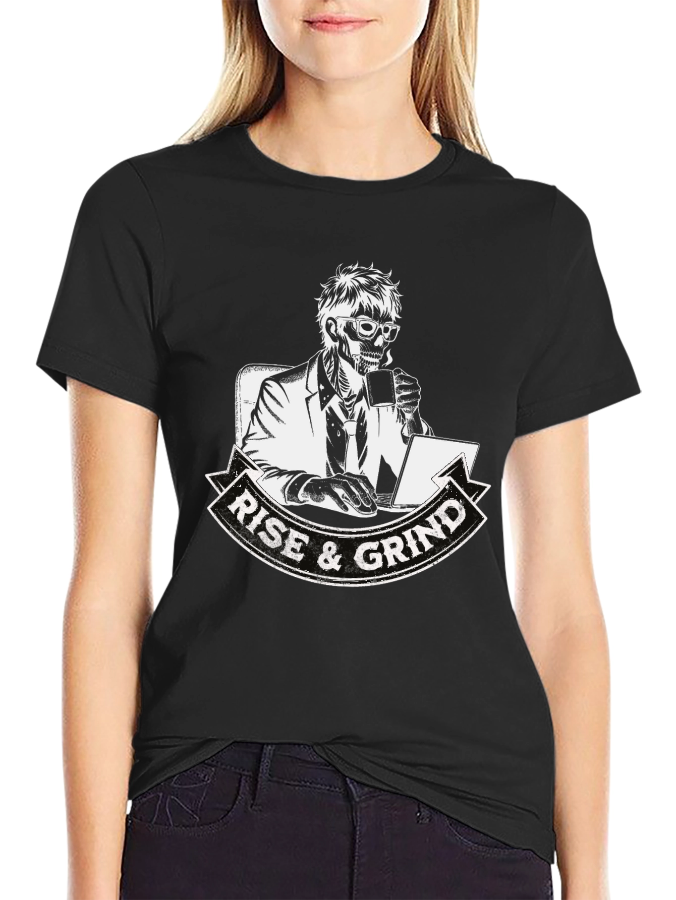 Camiseta Negra Rise & Grind Esqueleto Trabajador