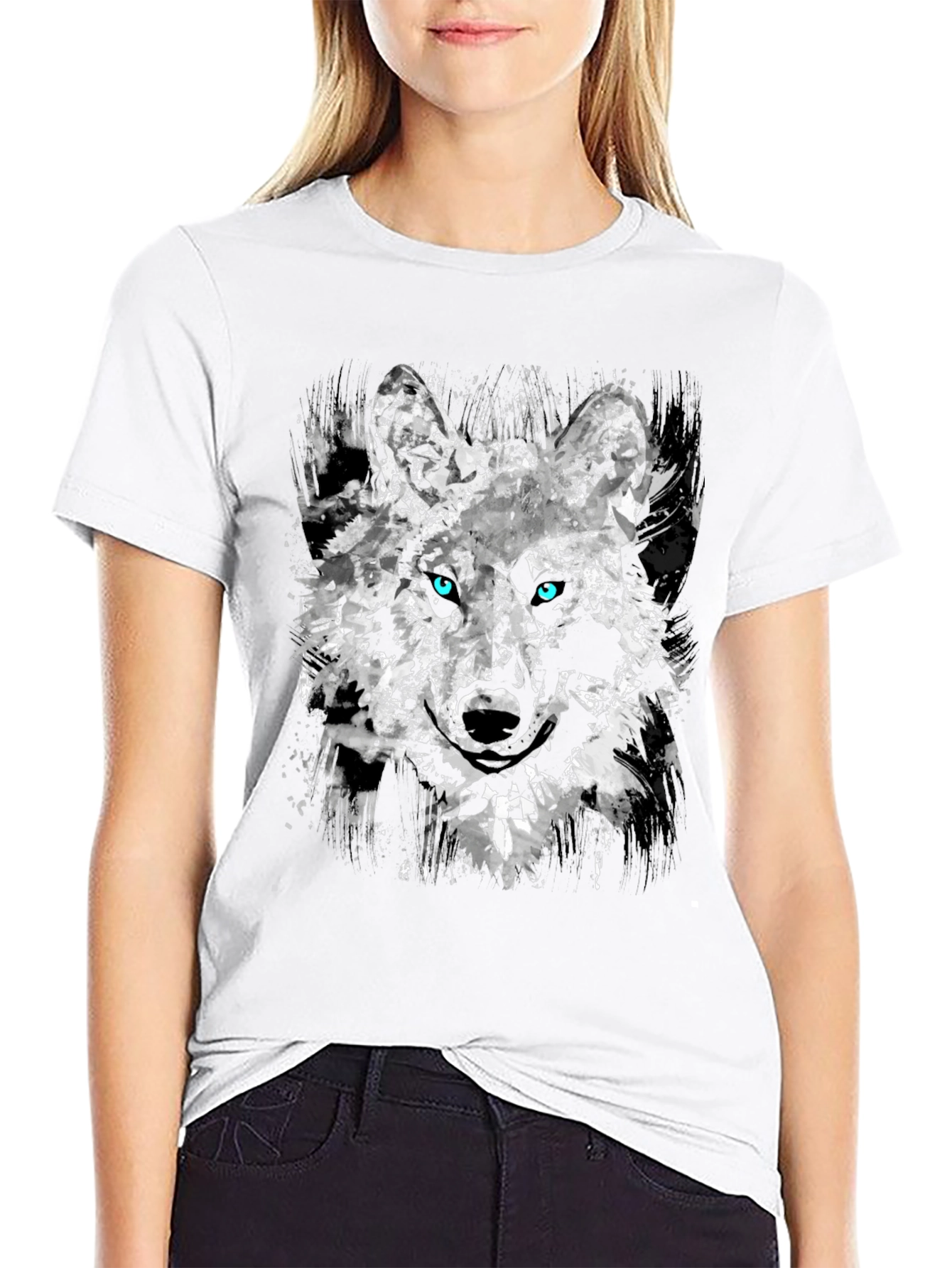 Camiseta Negra con Diseño Abstracto de Lobo