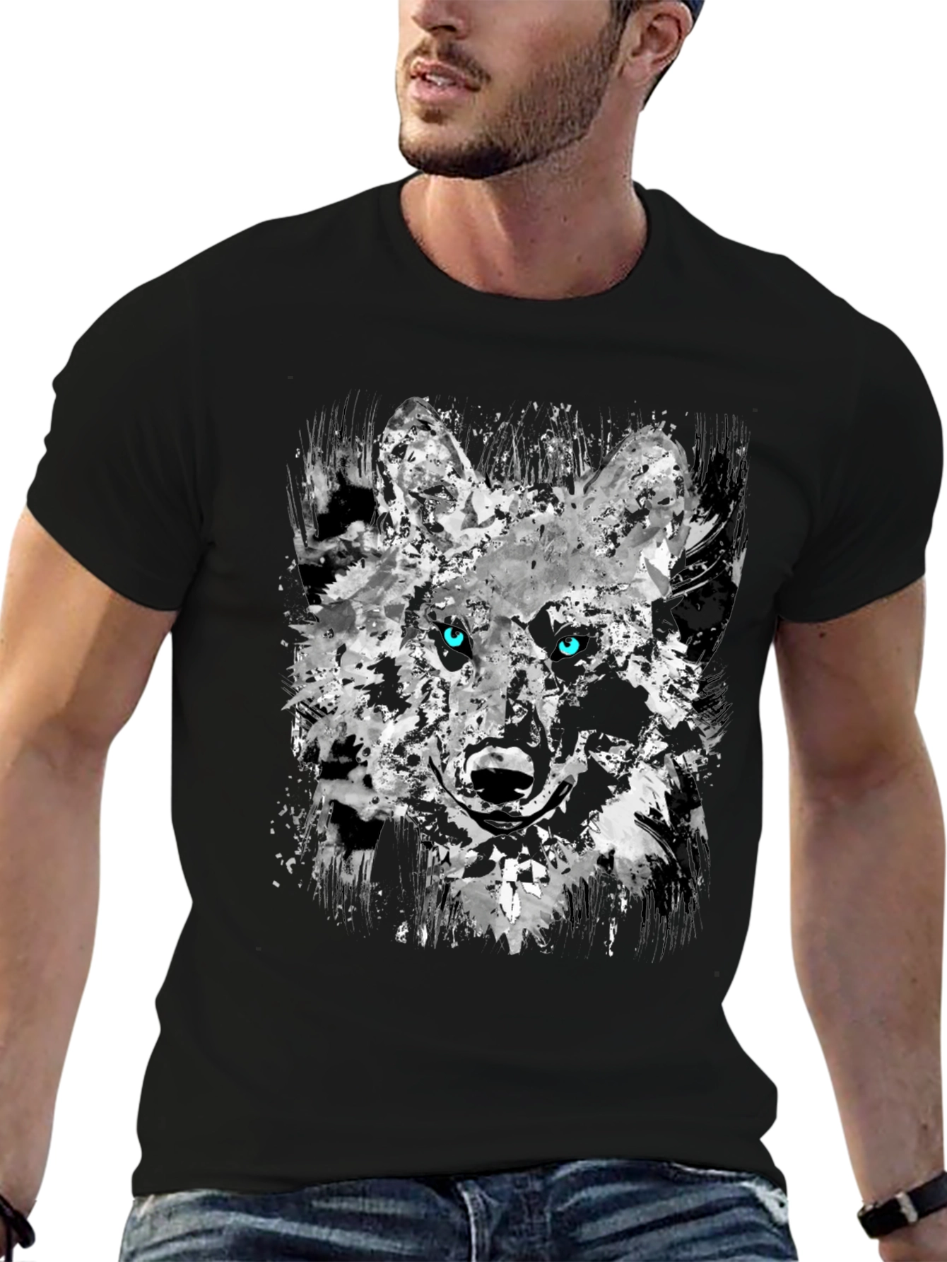 Camiseta Negra con Diseño Abstracto de Lobo