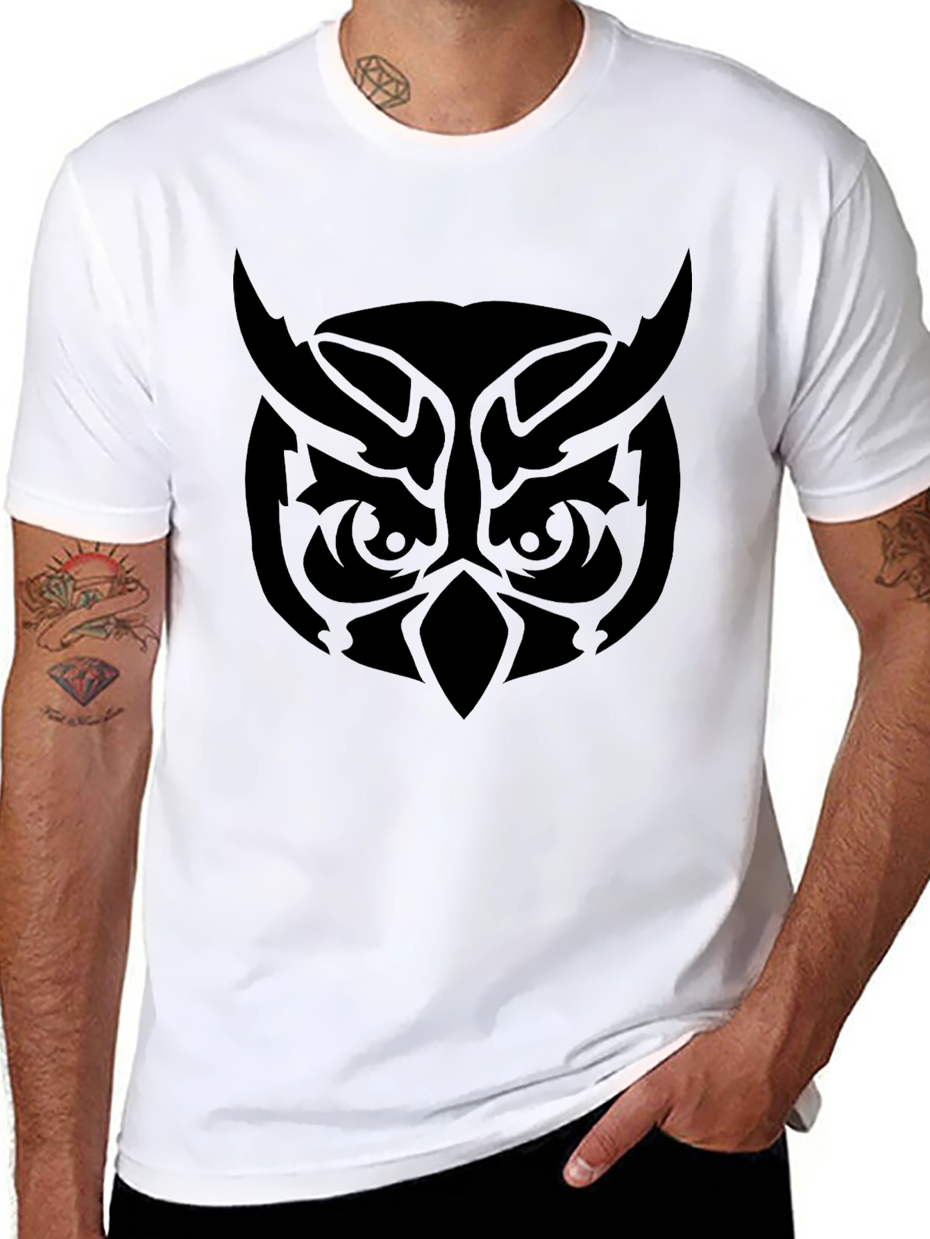 Camiseta Negra Hombre Diseño Búho Tribal