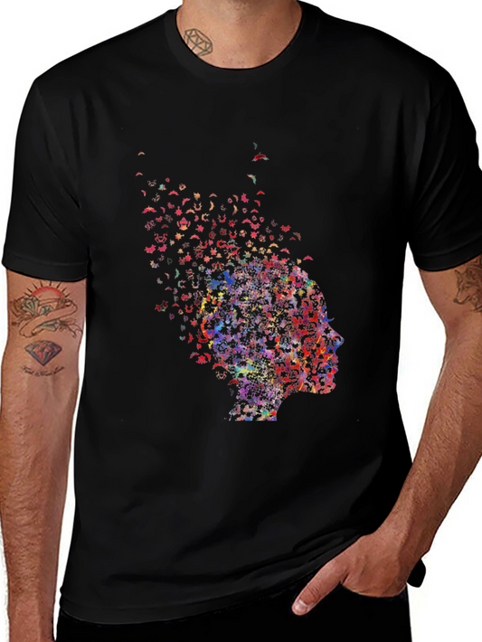 Camiseta Negra con Diseño Abstracto de Perfil Humano
