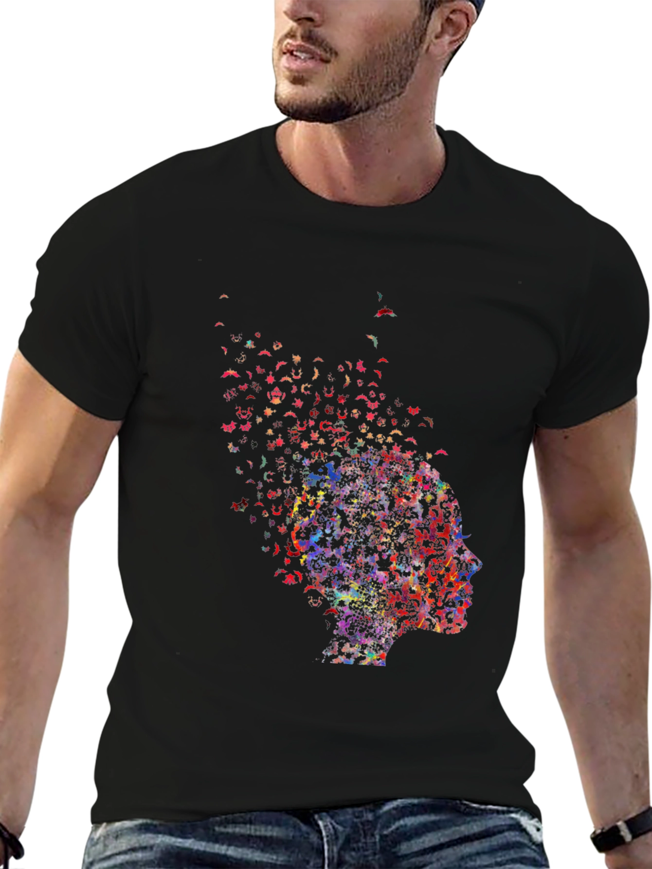Camiseta Negra con Diseño Abstracto de Perfil Humano