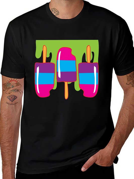 Camiseta Negra con Diseño de Paletas Heladas Coloridas