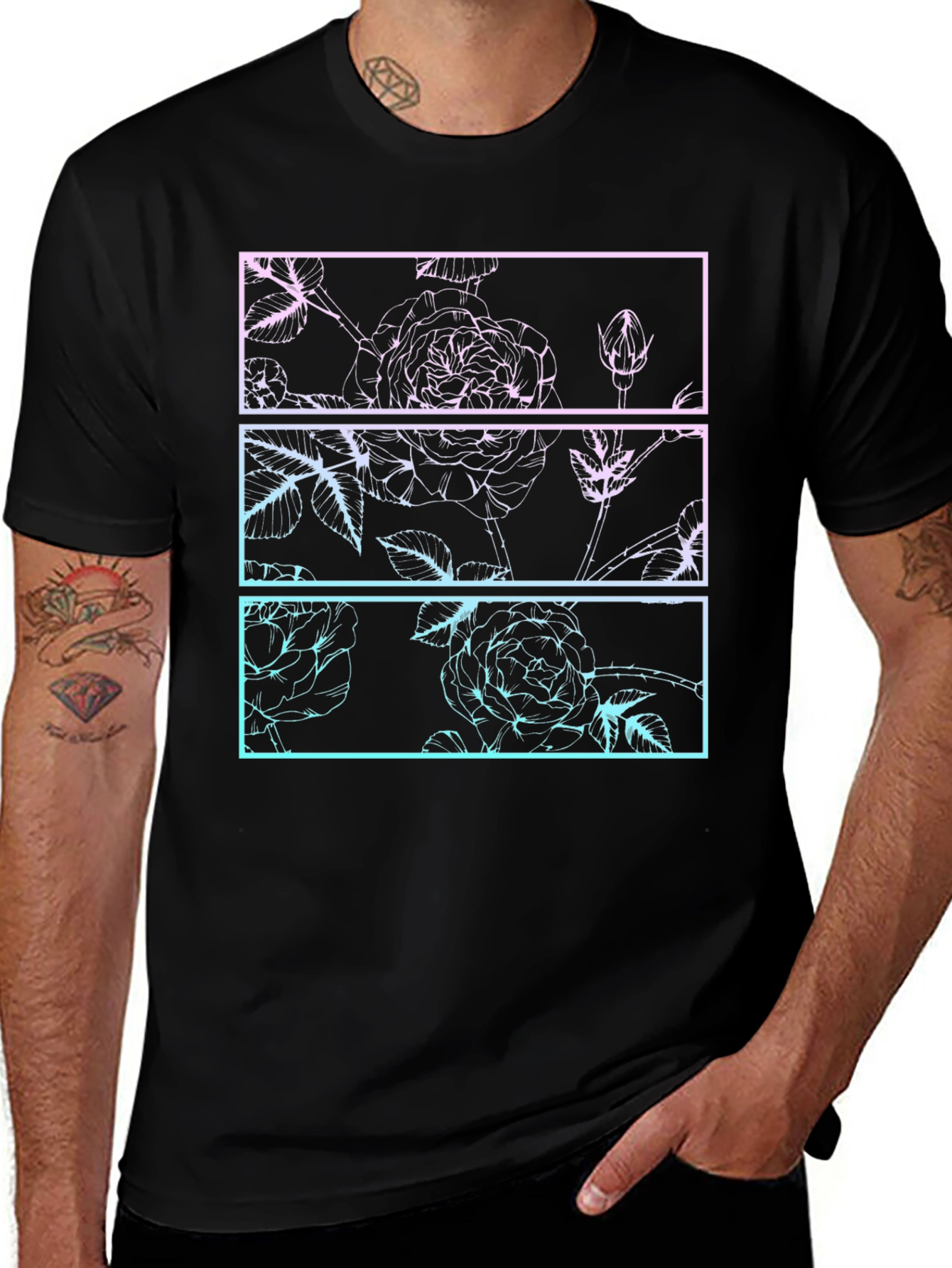 Camiseta Negra con Diseño Floral Gráfico