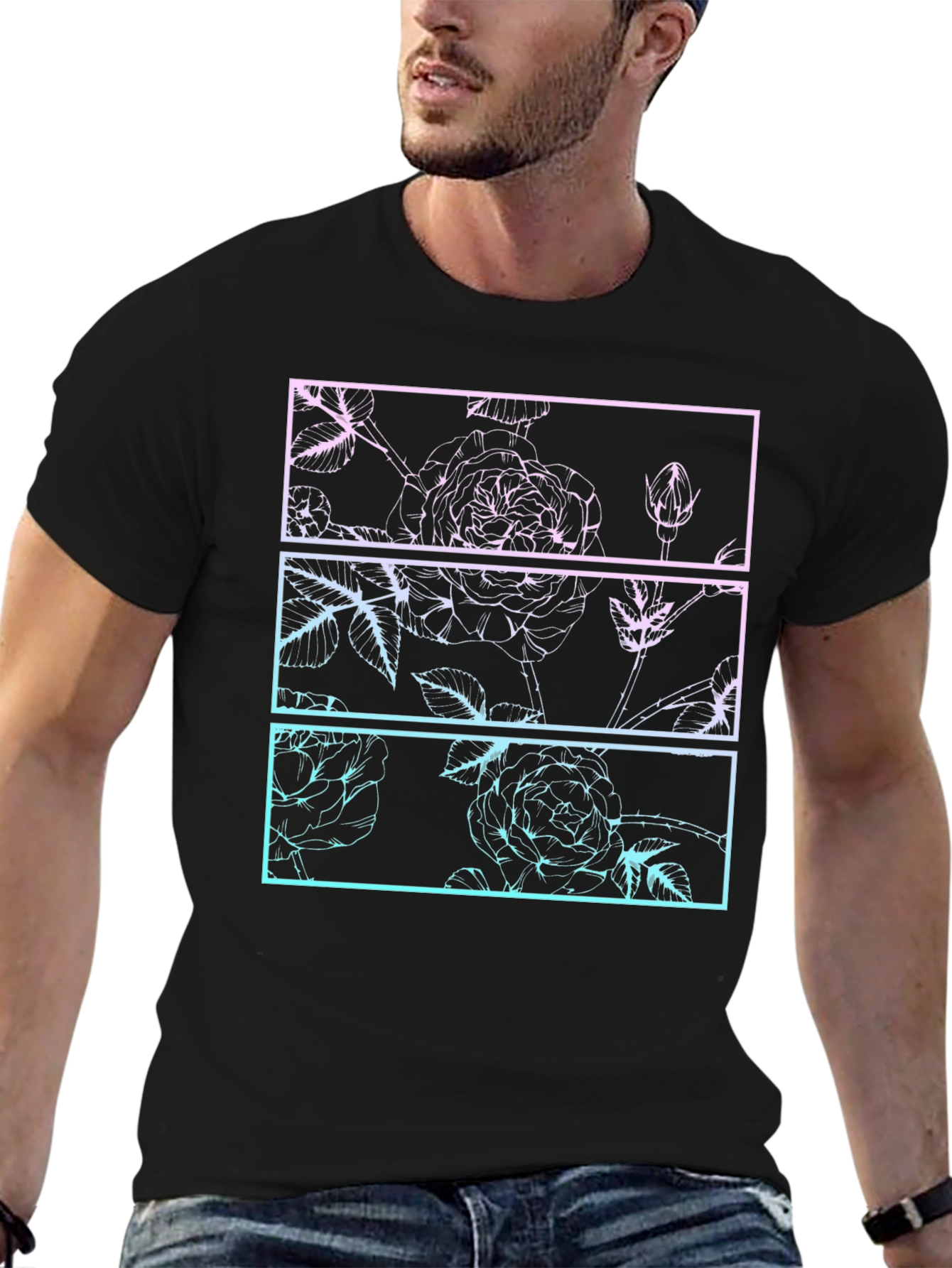 Camiseta Negra con Diseño Floral Gráfico