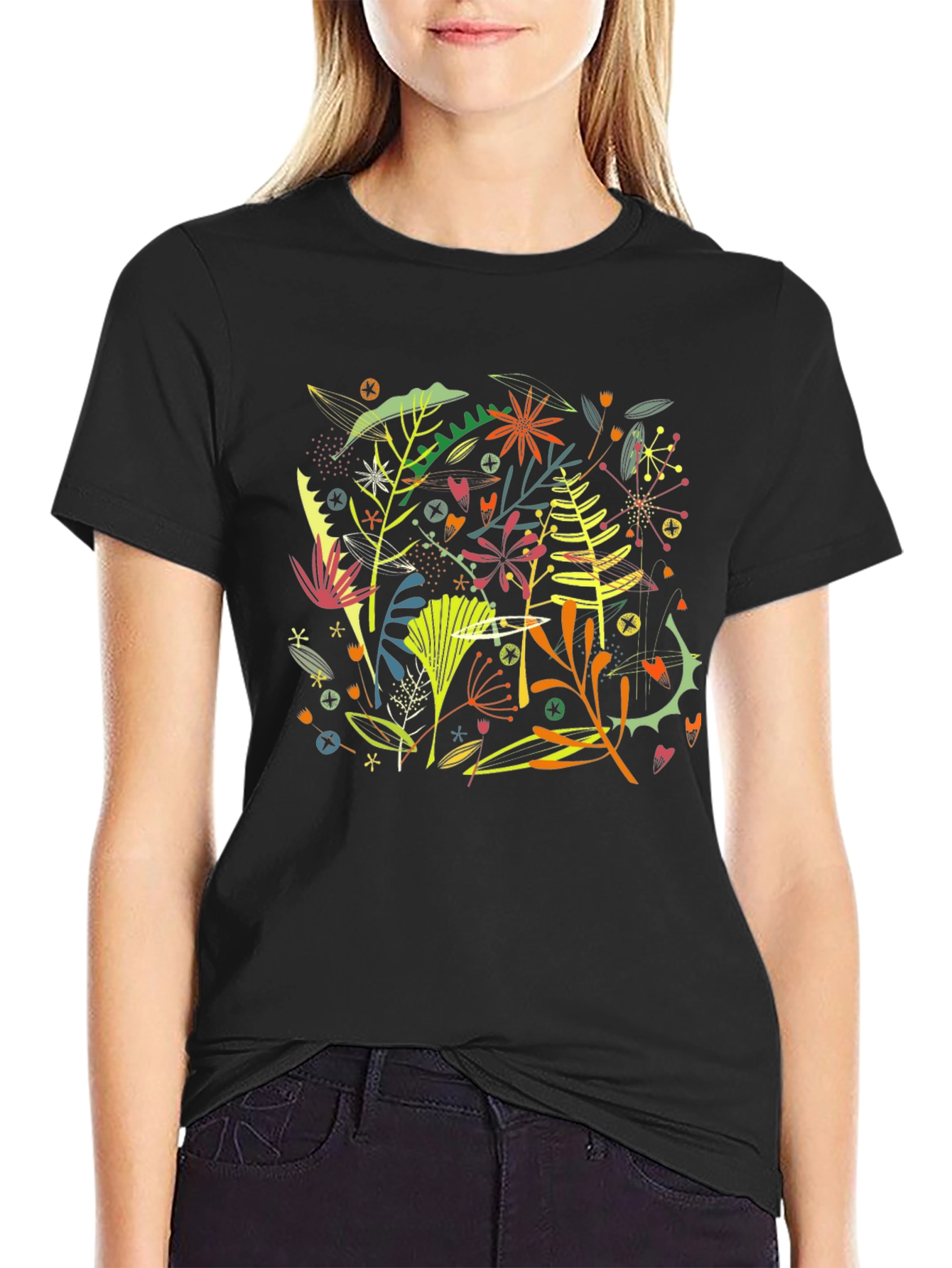 Camiseta Negra Hombre Diseño Floral Abstracto Moderno