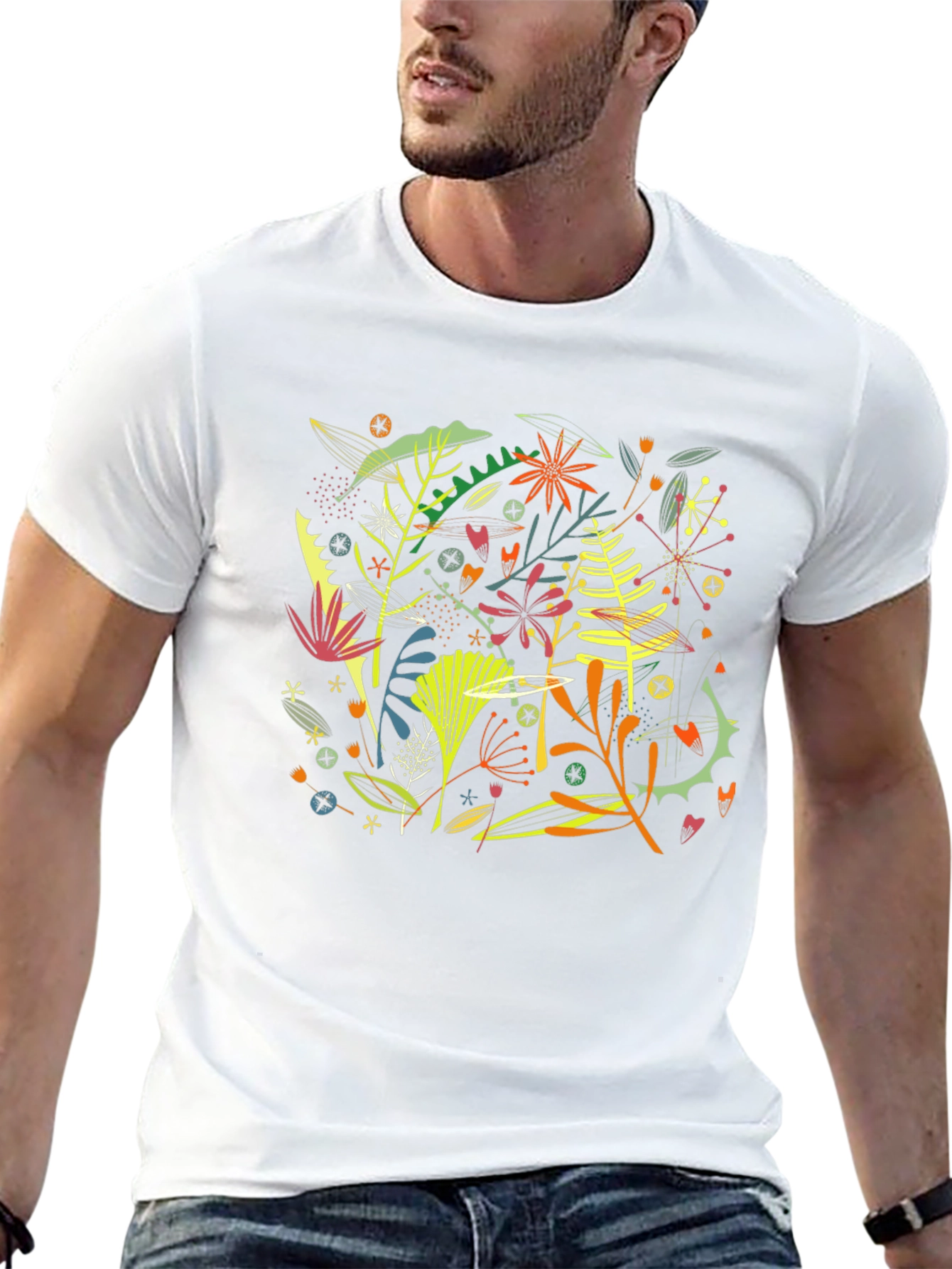 Camiseta Negra Hombre Diseño Floral Abstracto Moderno