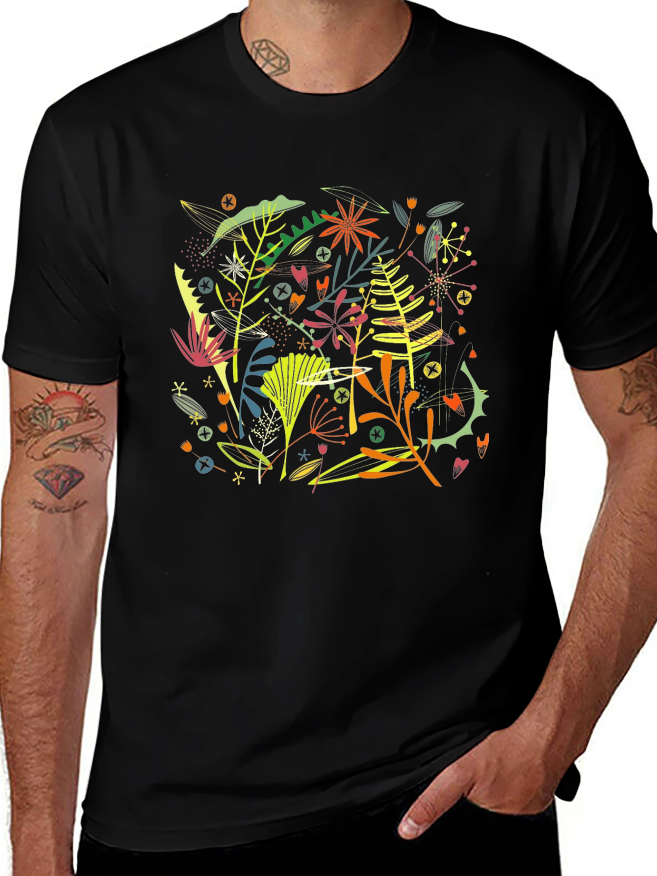 Camiseta Negra Hombre Diseño Floral Abstracto Moderno