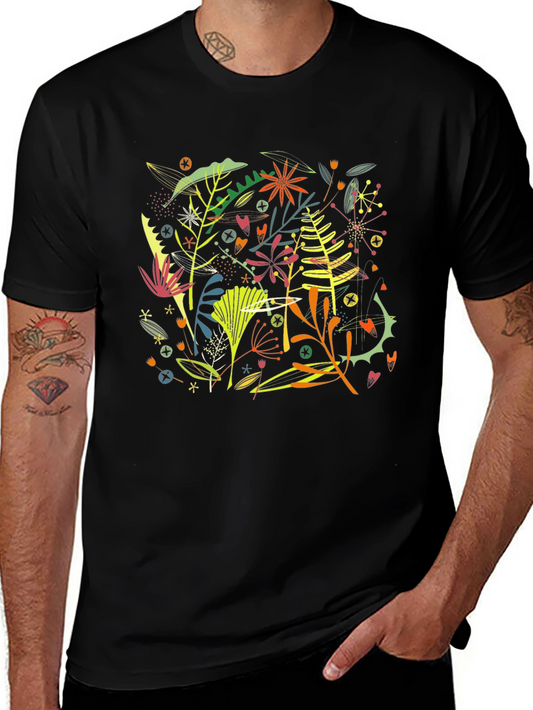 Camiseta Negra Hombre Diseño Floral Abstracto Moderno