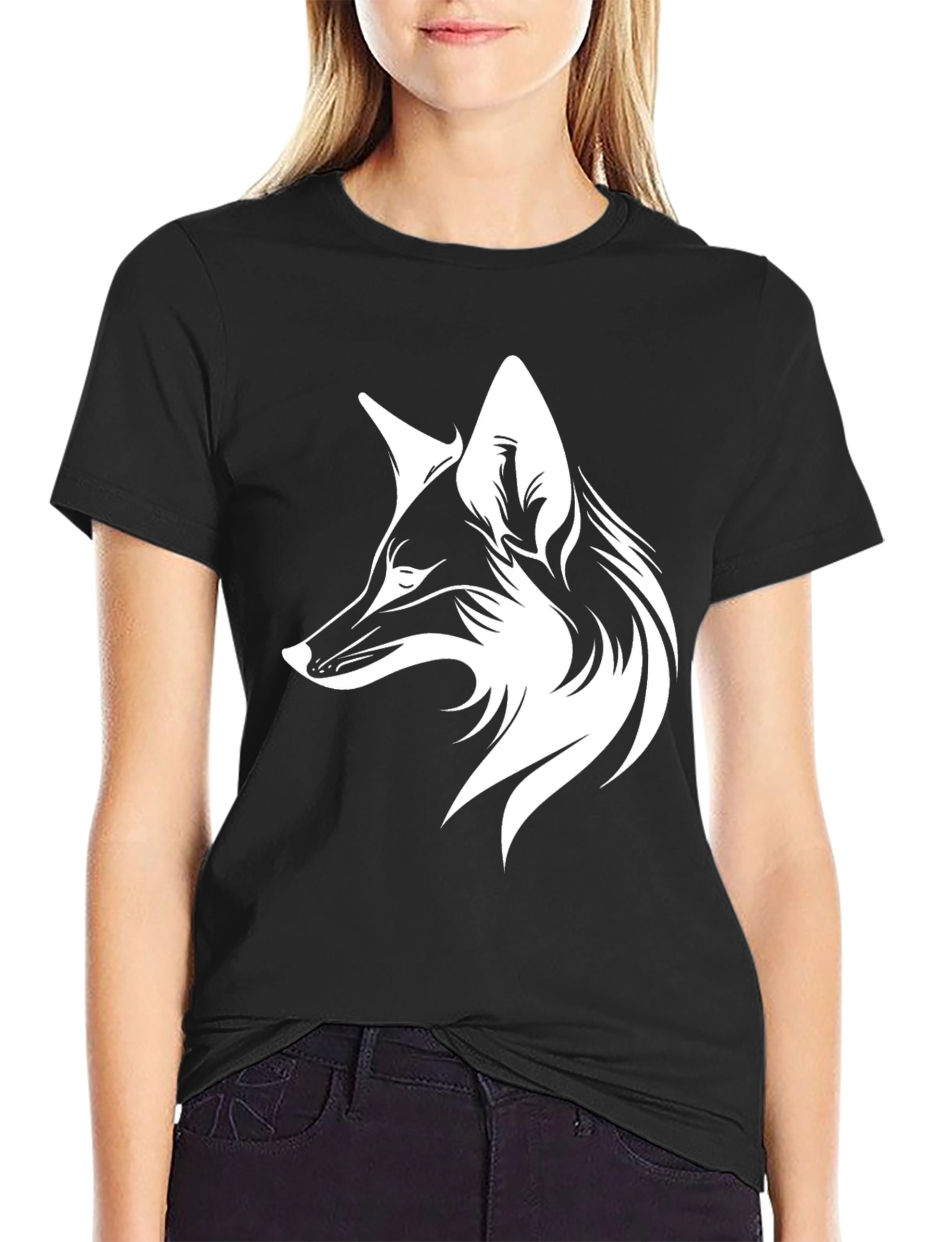 Camiseta Negra con Diseño de Zorro Blanco