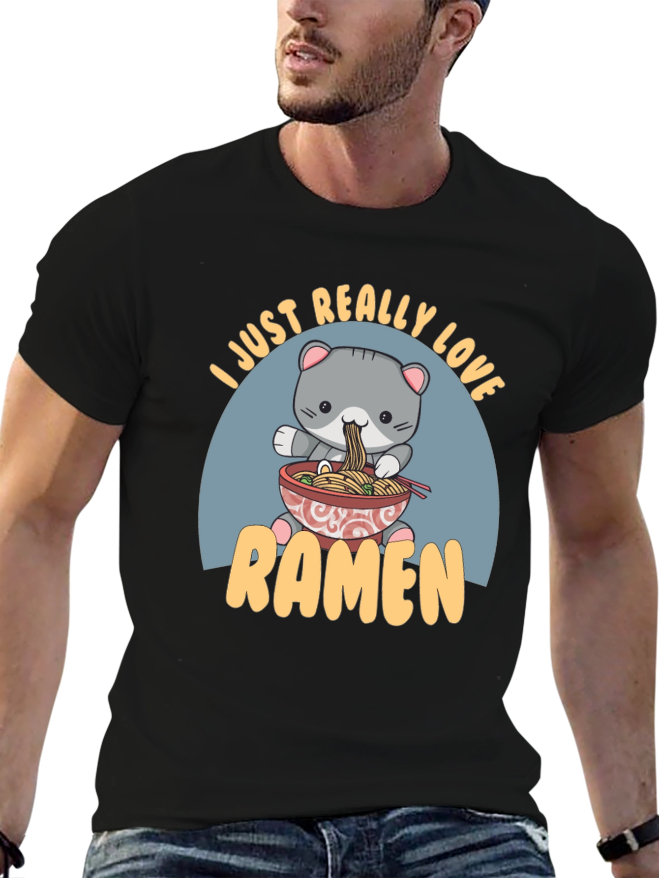 Camiseta Negra Amo el Ramen con Diseño de Gato