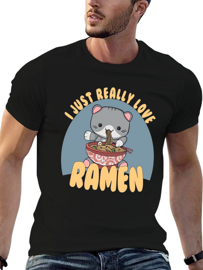 Camiseta Negra Amo el Ramen con Diseño de Gato