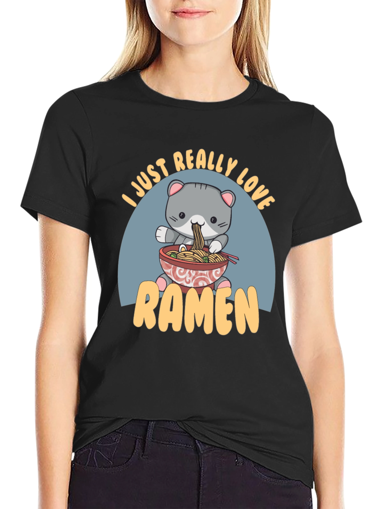 Camiseta Negra Amo el Ramen con Diseño de Gato