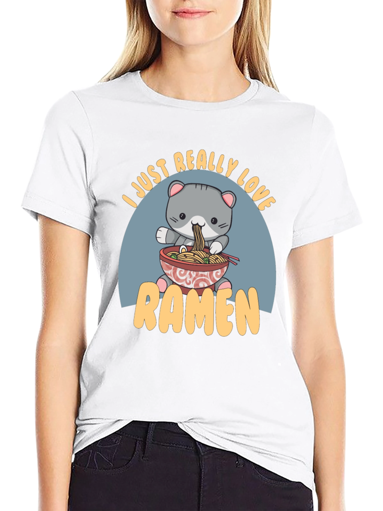 Camiseta Negra Amo el Ramen con Diseño de Gato