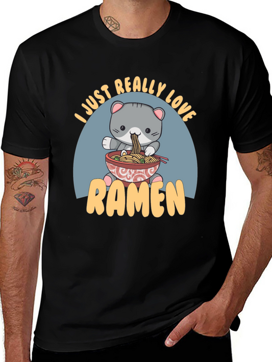 Camiseta Negra Amo el Ramen con Diseño de Gato