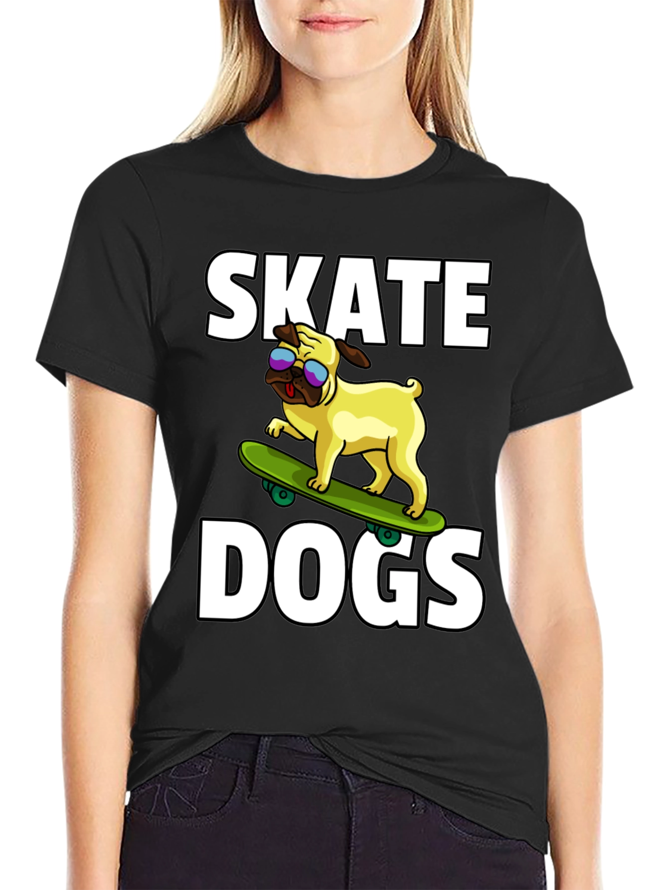 Camiseta Negra Skate Dogs con Perro Pug Skateboarding