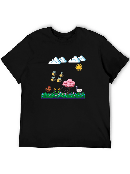Camiseta Negra Pixel Art: Aves Flores y Sol