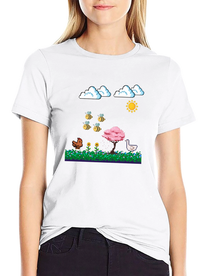 Camiseta Negra Pixel Art: Aves Flores y Sol
