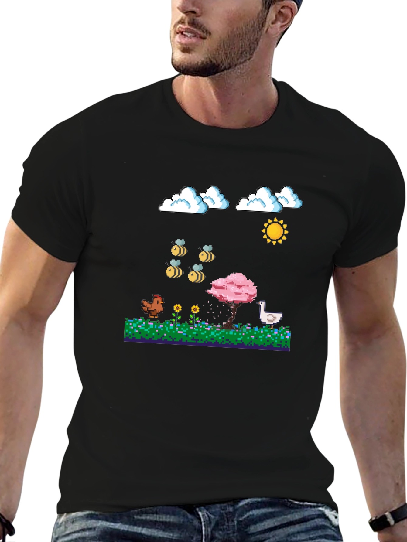 Camiseta Negra Pixel Art: Aves Flores y Sol