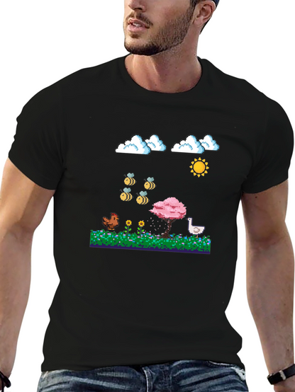 Camiseta Negra Pixel Art: Aves Flores y Sol