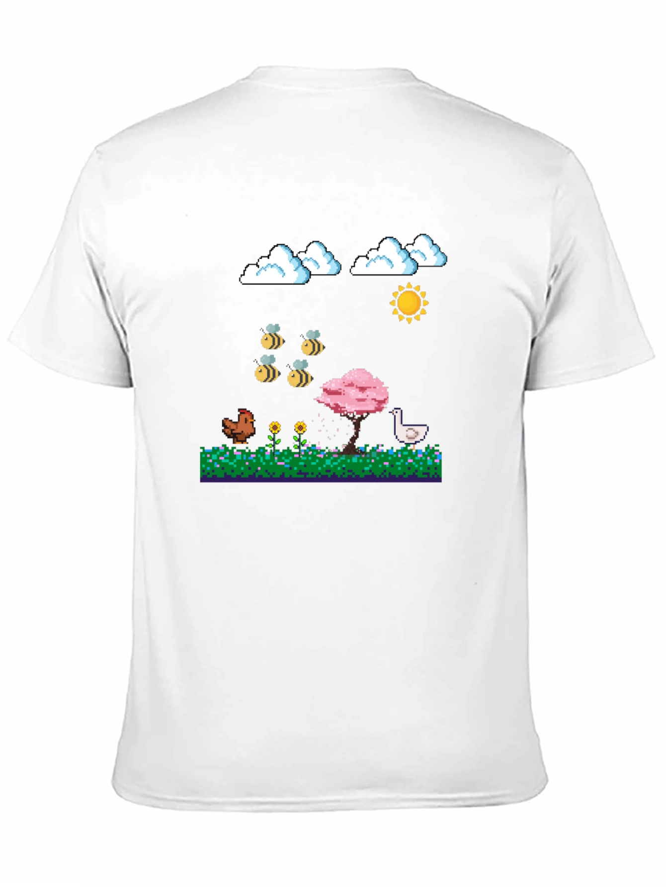Camiseta Negra Pixel Art: Aves Flores y Sol