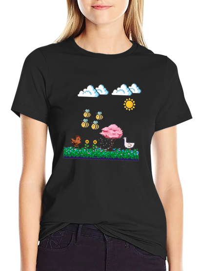 Camiseta Negra Pixel Art: Aves Flores y Sol