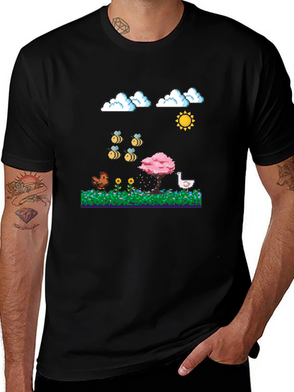 Camiseta Negra Pixel Art: Aves Flores y Sol