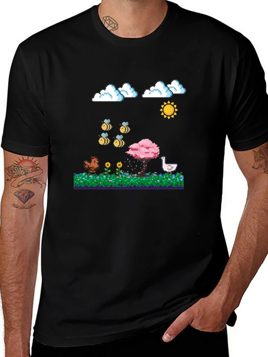 Camiseta Negra Pixel Art: Aves Flores y Sol