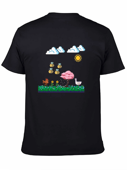 Camiseta Negra Pixel Art: Aves Flores y Sol